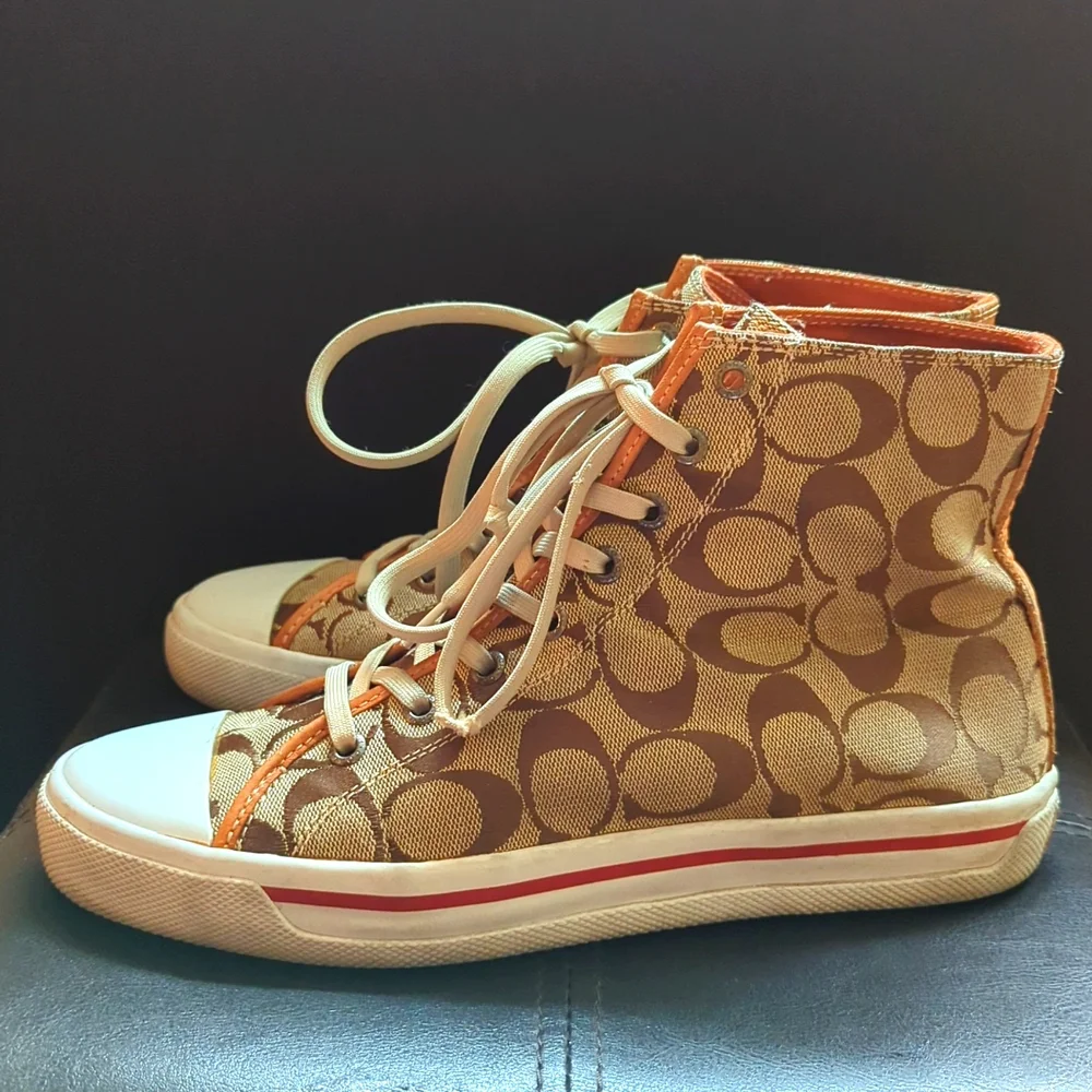 Coach Tan Signature High-Top Sneakers — Tan/White